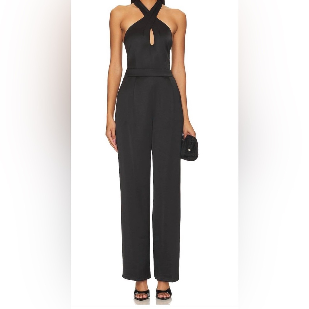PAIGE Alimara Jumpsuit in Black Satin Halter Wide Leg Revolve Women’s SZ 10 NWT